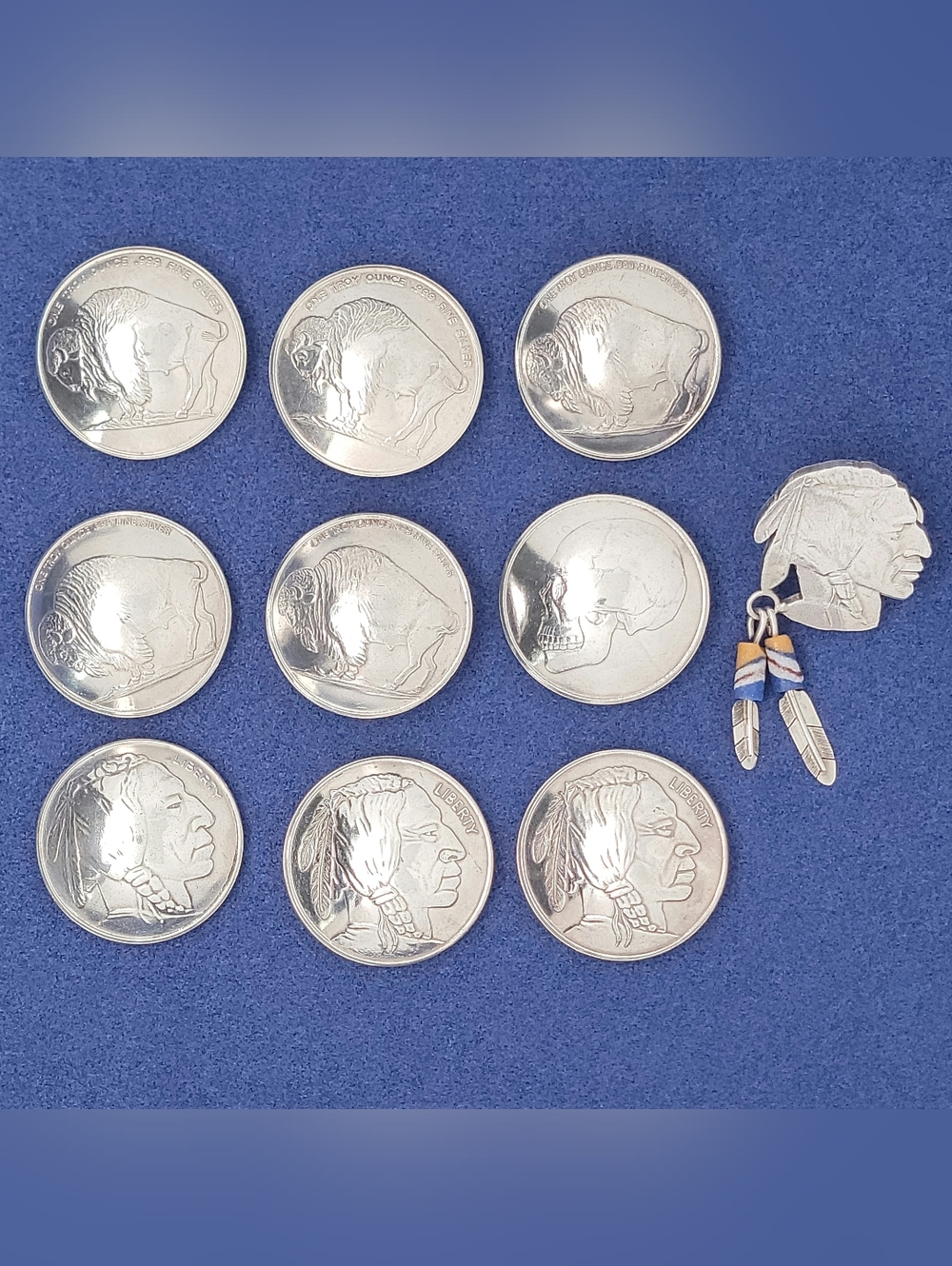 Buffalo Indian Head Rounds Skull & Caduseus .999 Fine Silver Concho Bullions